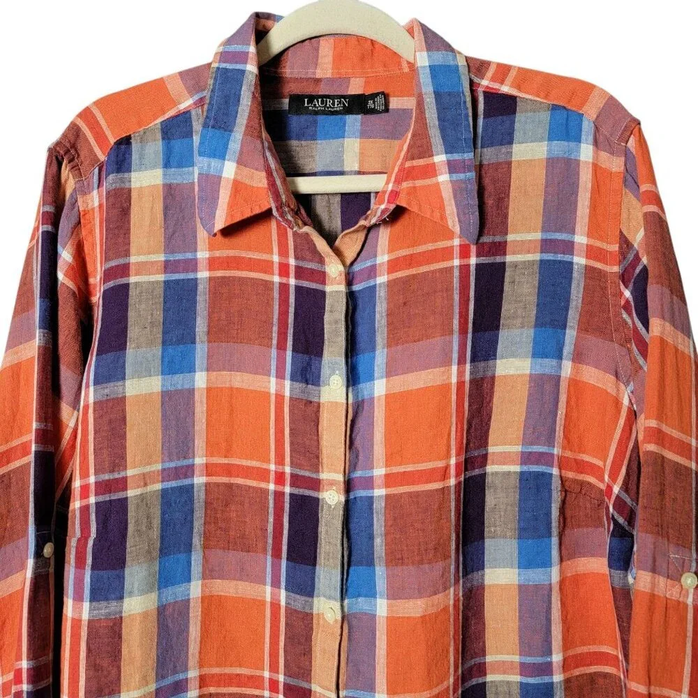 Ralph Lauren LRL Womens Black Label Plaid Linen Long Sleeve Button Up Shirt 2X - Picture 3 of 10